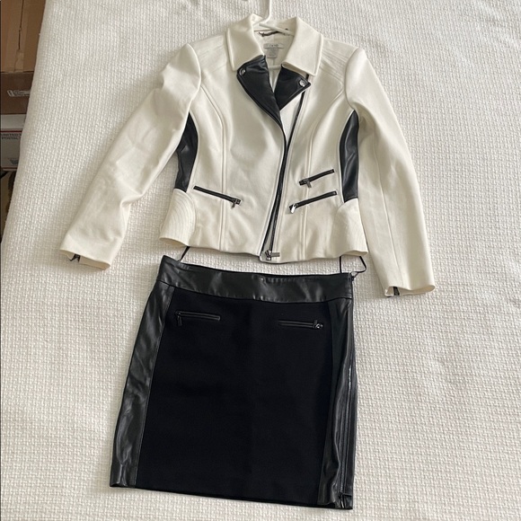 Cache Jackets & Blazers - 2 pc Cache moto jacket Black and White Jacket and Skirt Set